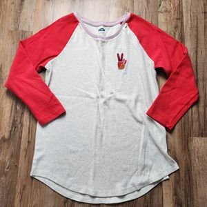 Women's Old Navy Peace Hand Sign Relaxed Cozy Raglan 3/4 Sleeve Tee Size Small